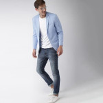 Men Blue Solid Single-Breasted Knitted Blazer